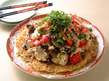 Photo of Yakisoba Noodle with Tuna and Vegetables (a typical Japanese noodle dish): a quick microwave pasta recipe provided with nutrition facts for Yakisoba